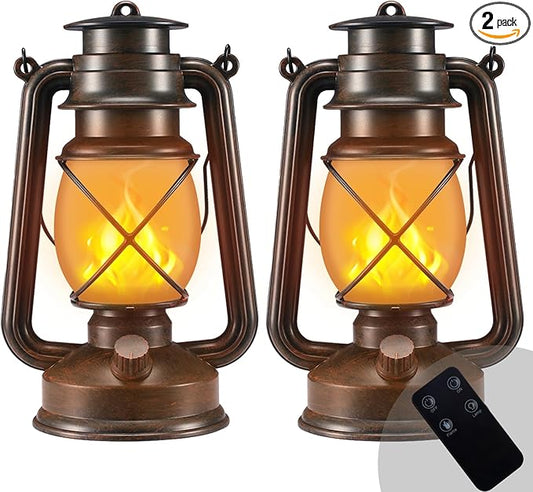 Outdoor Lanterns Waterproof Hanging Vintage LED Camping Lamps with Dancing Flame Non-Solar Remote Control Light Landscape Decor for Table Patio Garden Yard Pathway Porch 2Pack (3AA Batteries Power)