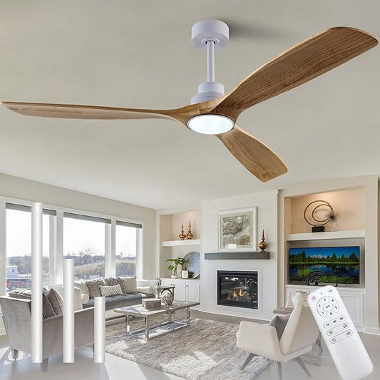 60" Wood Ceiling Fan with Lights Remote Control,Quiet DC Motor 3 Blade Ceiling Fans for Patio Living Room, Bedroom, Office,Indoor Outdoor(Raw wood+White)