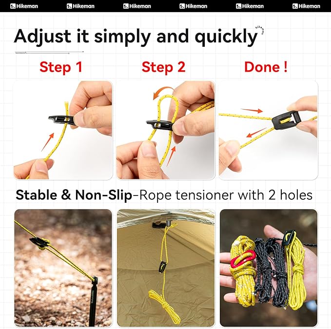 Hikeman Tent Guy Ropes 2mm-Ultralight Strong Guy Lines with Tensioner Reflective UHMWPE Fiber Tent Cord for Camping, Hiking, Backpacking Rope (Black, 39 Feet, 6 Tensioners)