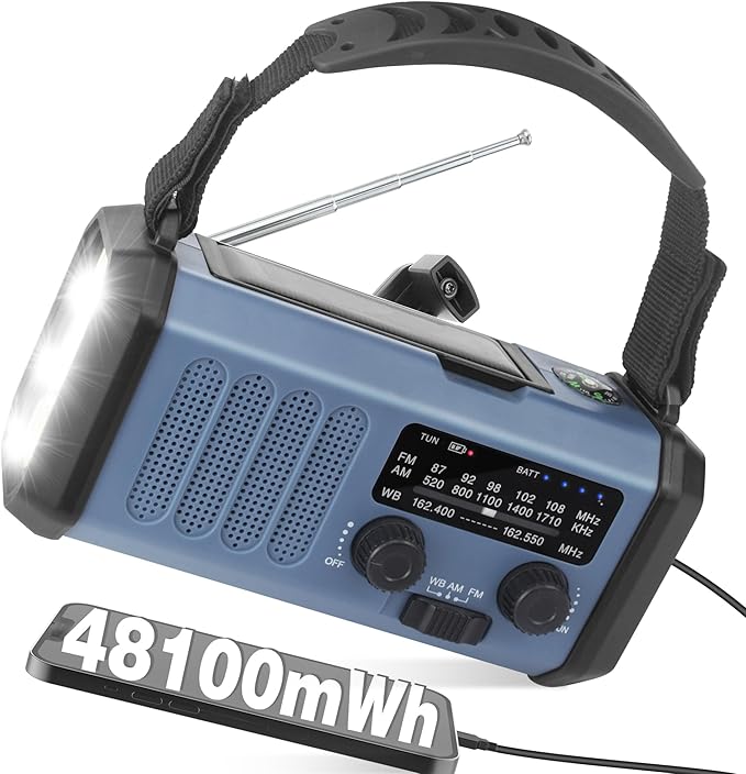 13000mAh Emergency Radio with NOAA Weather Alert, Portable Solar Hand Crank AM/FM Radio for Survival, Rechargeable Battery Powered, USB Charger, Flashlight, Reading Lamp, for Home Outdoor