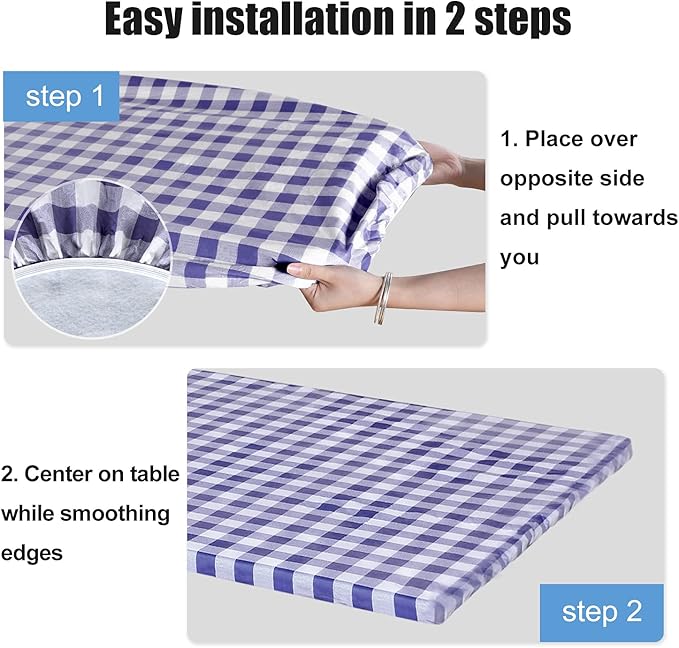 Fitable Checkered Picnic Table Cover Waterproof - 30"x72" - Vinyl Fitted Tablecloth with Flannel Backing Outdoor Tablecloth for Camping, Travel, Holiday, Party, Folding Table, Navy