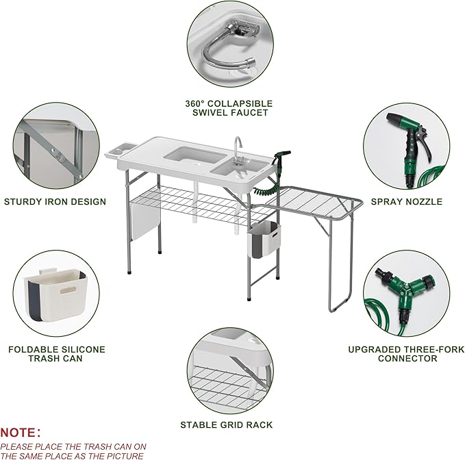 Dragosum Fish Cleaning Table, Portable Folding Camping Table with Folding Grill Extension Board, Fish Cleaning Station with Dual Sinks, Hose Hook Up