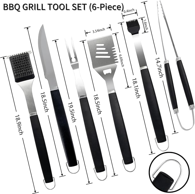 Supernal Pro Grill Master Kit -6pc Heavy Duty Stainless Steel BBQ Tools Set with Anti-Slip Handles|Commercial-Grade Spatula,Grill Brush,Basting Brush,Chef's Knife & More|Gift for Dad's Outdoor Cooking