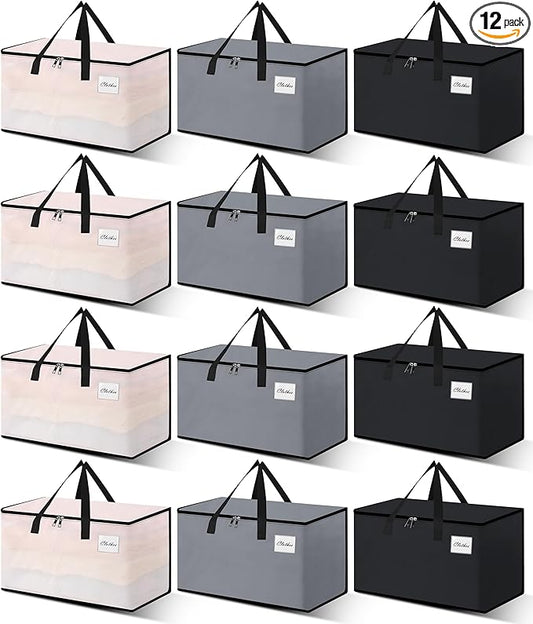 Heavy Duty Moving Bags and Moving Boxes - Extra Large Packing Bags and Storage Totes, Collapsible and Foldable Option for Moving and Storage, Multicolored, 93 L - 12 Pack
