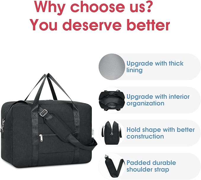 For Spirit Airlines Personal Item Bag 18x14x8 Foldable Travel Duffel Bag Underseat Carry on Luggage for Women and Men 30L (Black)