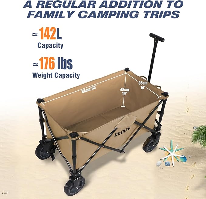 Chihee Folding Beach Wagon Cart Garden Cart Heavy-Duty with 2 Cup Holders,Camp Cart for Gimballed Wheels with Braking System Large Capacity Removable Fabric,for Sporting Events,Camping,Beach Trips