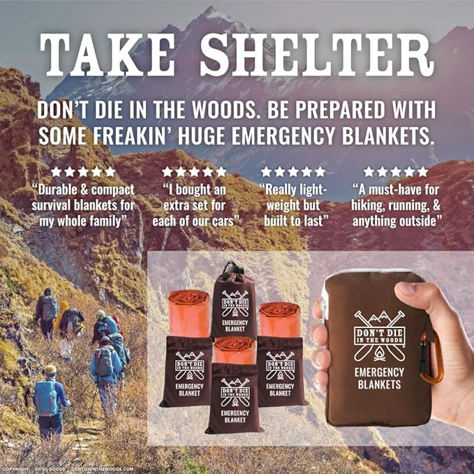 Don't Die In The Woods - Freakin’ Huge Emergency Blankets [4-Pack] Extra-Large Thermal Mylar Space Blankets with Ripstop Nylon Stuff Sacks + Carabiner Zipper Pack [Survival Orange]
