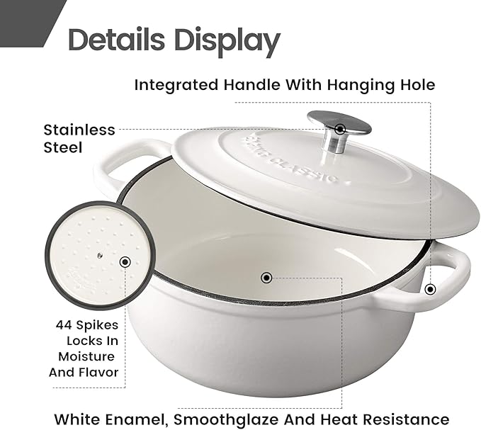 Enameled Cast Iron Covered Dutch Oven with Dual Handle, Dutch Ovens with Lid for Bread Baking, Safe to 500 degrees, 3.5 Quart, White