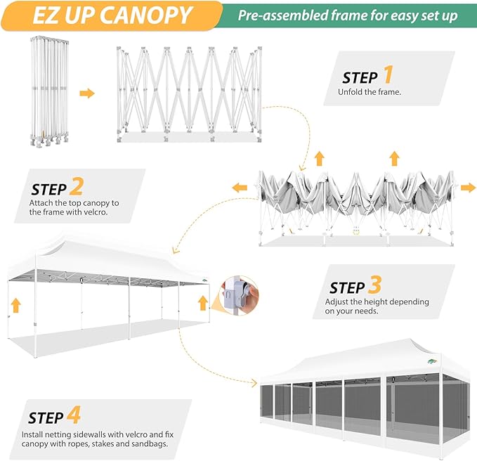 COBIZI 10x30 Canopy Tent with 8 Sidewalls,Heavy Duty Pop up Canopy Party Tent with Mosquito Netting,Easy up Screen Canopy for Parties Wedding Outdoor Patio with Roller Bag,Sandbag,White