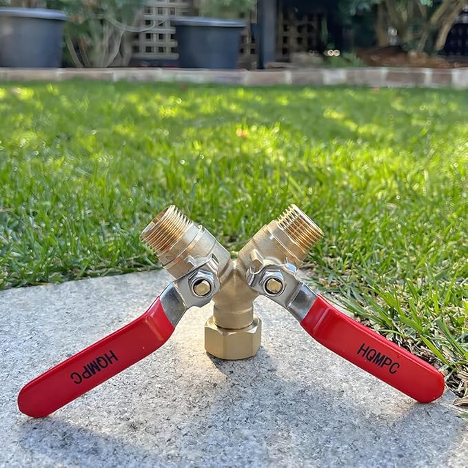 HQMPC Garden Hose Y Valve Hose Splitter Brass Hose Splitter With Stainless Steel Long Handle Brass Y Valve Water Garden Hose Adapter 2 Way Y Valve 3/4" GHT Thread