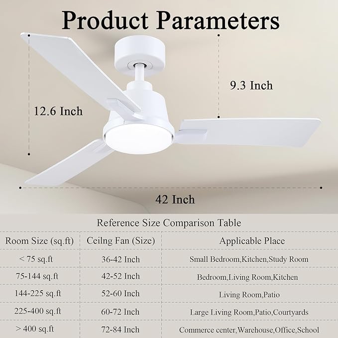 42 Inch Ceiling Fans with Lights,Low Profile Ceiling Fan,Modern Flush Mount,Reversible 6 Speeds,3CCT Dimmable Noiseless White Ceiling Fans for Living Room,Bedroom and Patio,ETL Listed
