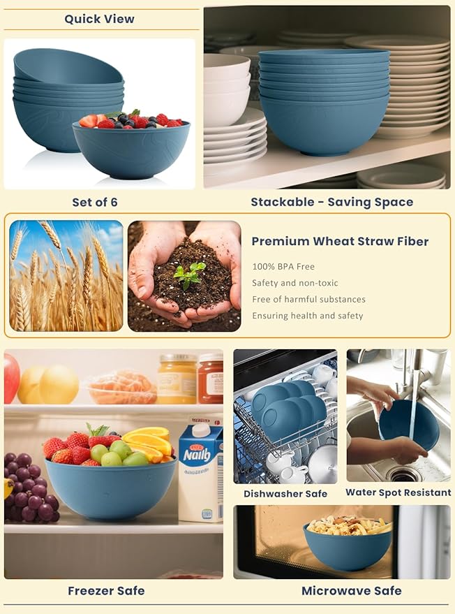 Homienly Bowls for Kitchen, Premium Wheat Straw Bowl 6 PCS, Unbreakable LIghtweight Salad Bowl with Texture, Alternative to Plastic Bowls Reusable, Microwave and Dishwasher Safe, Freezer Safe- Blue