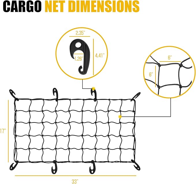 ARKSEN 17" x 33" Heavy Duty Tangle-Free Nylon Cargo Net (3.9" x 3.9" Mesh) Universal Bungee Stretches for Pickup, Truck, Bed, SUV, Roof Rack & Travel Luggage Rack