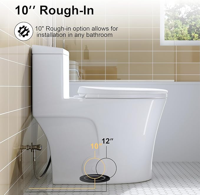 HOROW T0338W One Piece Toilet 10" Rough-in, Elongated Toilet with Comfortable Seat Height, ADA Chair Height 17.3", Dual Flush 0.8/1.28 GPF & MAP 1000g, Standard White Toilet Bowl, Space Saver Design