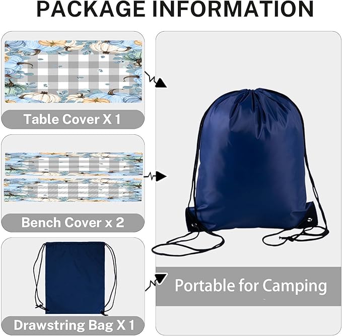 CAPSCEOLL Fitted Picnic Table Cover with Bench Covers with Elastic 8Ft Waterproof Picnic Table Cloths Windproof Outdoor Camping Tablecloth with Drawstring Bag, 96X30in, Blue Pumpkins