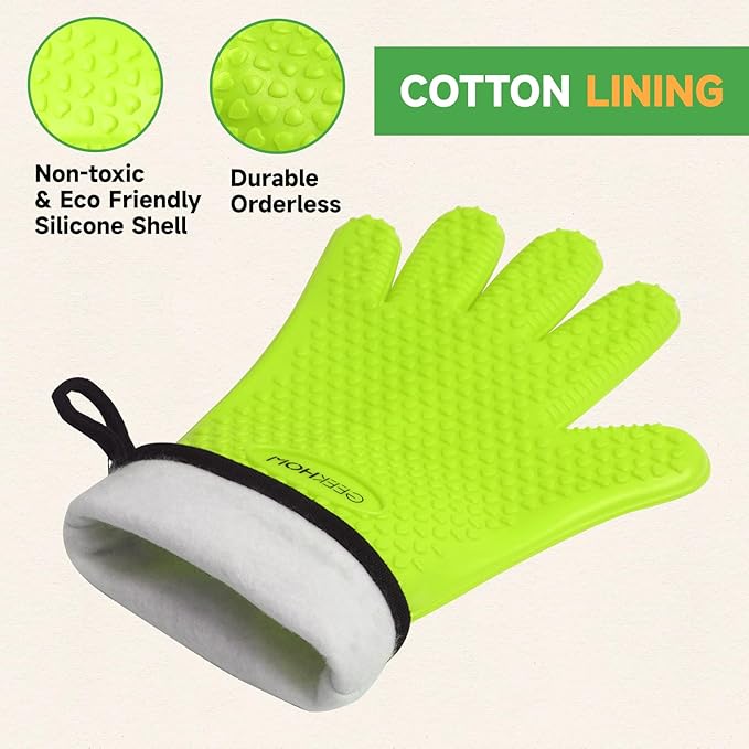 GEEKHOM BBQ Gloves Heat Resistant Oven Mitts - Silicone Grilling Gloves with 13.7" Arm Protection - Waterproof Pot Holder Non-Slip for Men & Women, Kitchen Outdoor Cooking, Baking, Camping, Green