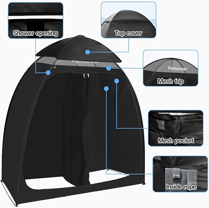 EighteenTek Shower Tent Camping, 2-Room Portable Changing Room, Outdoor Shower Enclosure, Pop Up Privacy Tent Shelter with Floor & Doors, Waterproof & Lightweight, Camping Toilet Bathroom