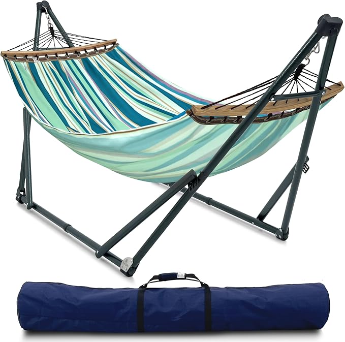Tranquillo Sturdy Steel Hammock with Stand Premium Cotton Canvas Hammock, 600 lbs Capacity Hammock Stand Folding, Portable 30-Second Fold Unfold for Camping, (Canvas - Blue Leaf)
