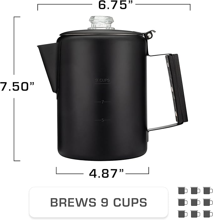 COLETTI Black Bozeman Percolator Coffee Pot — Camping Coffee Pot, Coffee Percolator Stovetop – America’s Sleekest Percolator – Pure Stainless Steel, NO Aluminum or Plastic (9 Cup)