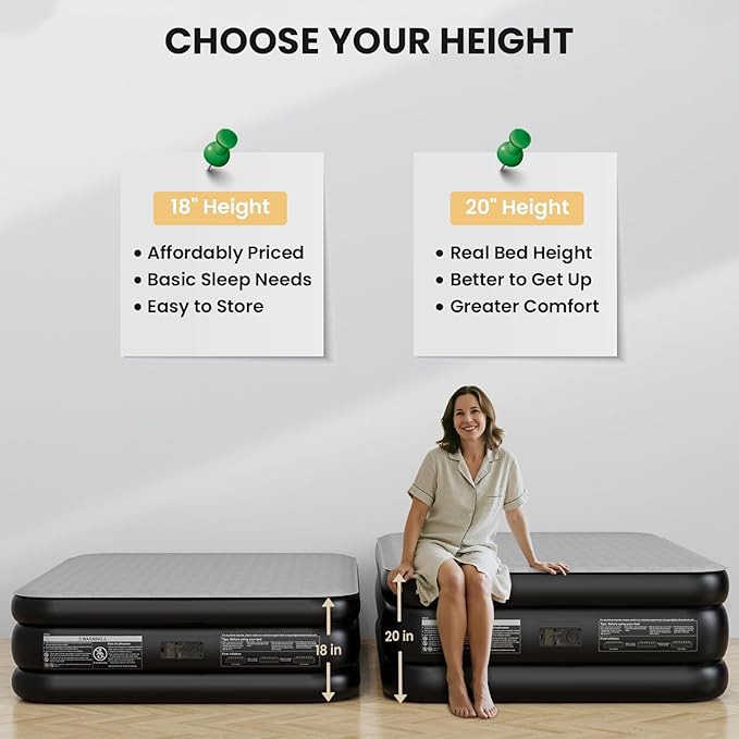 OhGeni 20" Luxury Queen Air Mattress with Built-in Pump, Inflatable Bed with Silk Foam Topper for Superior Comfort, Premium Blow-Up Mattress for Home, Camping & Guest, Easy Setup, Extra Support, Black