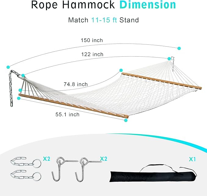 Double Hammock for 2 Person, Handwoven Cotton Rope Hammock with Spreader Bar Without Stand - Indoor & Outdoor Use for Patio, Poolside, Backyard (Off White)
