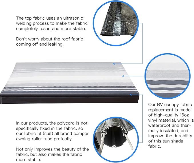 AWNLUX RV Awning Fabric Replacement Waterproof Vinyl Shade Screen for Awnings Camping Universal Fit Fabric Sun Shade UV Sun Blocker Canopy RV Awning Shade Shelter Blue Strip-15'(Fabric 14'2")