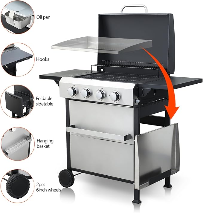 4-Burner Portable Propane Gas Grill with Stainless Steel Plancha Griddle - 49200 BTU Outdoor BBQ Grill with Foldable Side Shelves, Enamel Cooking Grids & Tool Hanging Basket
