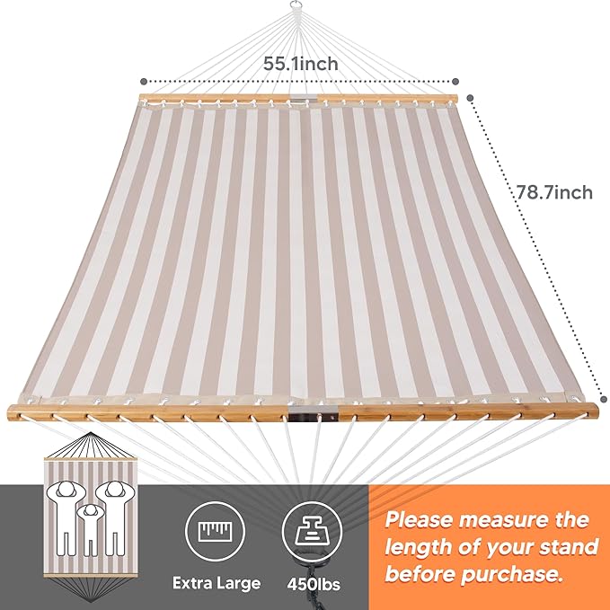 SUNCREAT Hammocks 14 FT Quick Dry Hammock Double Size with Spreader Bar, 2 Person Hammock for Outdoor Patio Yard Poolside, 450 lbs Capacity, Light Gray Stripes