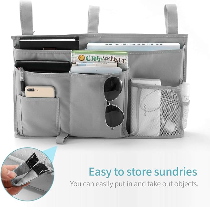 Bseash Bunk Bed Organizer, Bedside Caddy Hanging Bed Organizer Storage Bag 8 Pockets, for College Dorm Rooms Bed, Hospital Bed, Baby Bed Rails, 600D Oxford Cloth (Gray)