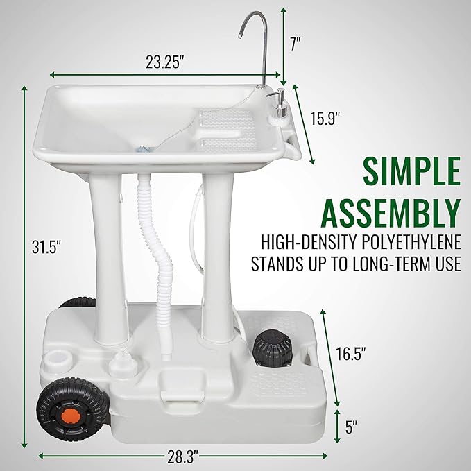 Hike Crew XL Portable Outdoor Foot Pump Camping Sink – Collapsible Hand Wash Basin w/ 7 Gallon (30L) Water Tank, Wheels, Soap Dispenser, Gooseneck Faucet & Towel Holder – for RV, Travel, Worksite