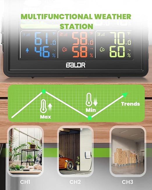 BALDR Wireless Color Display Weather Station with Moon Phase, Barometric Pressure, Temperature and Humidity Sensors for Indoors and Outdoors
