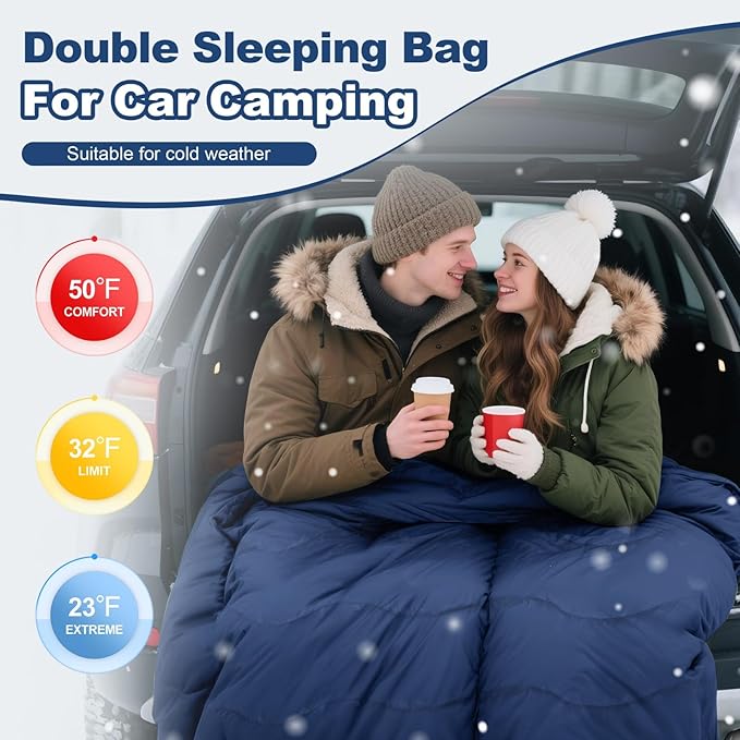 0 Degree Flannel Double Sleeping Bag for Adults, Couples or Family - Winter Queen Size Waterproof & Warm 2-Person Sleeping Bag for Cold Weather Camping, RV Travel