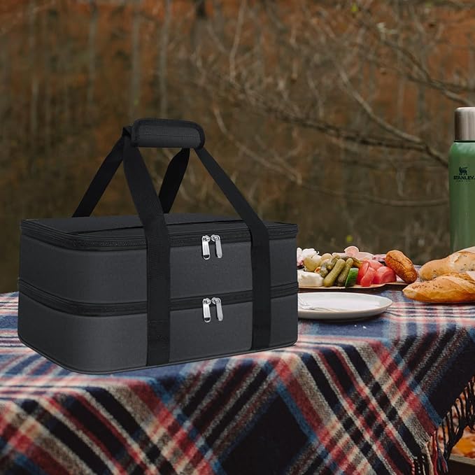 esouler Double Insulated Casserole Carrier Bag Hot & Cold Food Carrier Bag Lasagna Holder Lunch Bag for Picnics, Parties, Travel, Fits 9 x 13 Inches Casserole Dish-Black