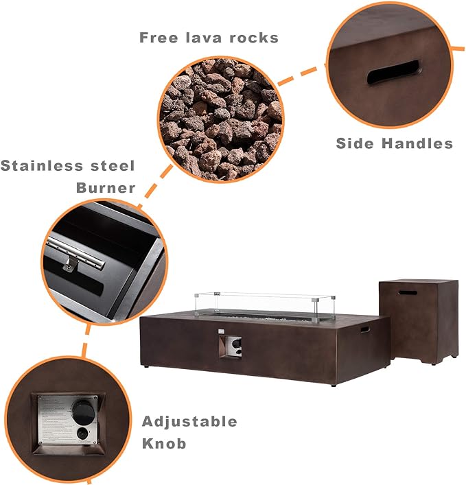 COSIEST 2-Piece Outdoor Propane Fire Table Set, Rectangle Concrete 56" x 28" Bronze Fire Pit (CSA Certified, 50,000 BTU) w 20lb Tank Table, Wind Guard, Waterproof Cover for Garden, Porch, Backyard