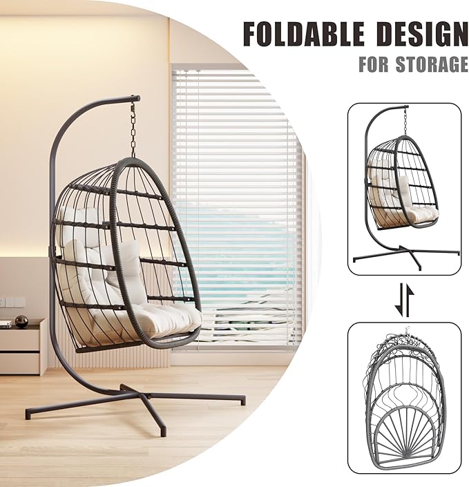 HWB Hanging Egg Chair with Stand, Swing Hammock Chair with Cushion for Indoor Outdoor, Patio Wicker Egg Swing Chair for Balcony Furniture, White