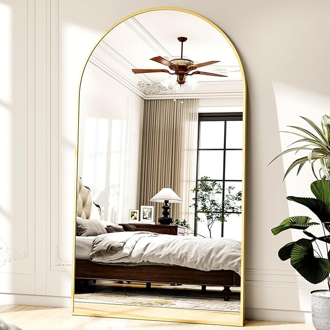 46"x76" Arched Full-Length Mirror, Oversized Floor Mirror with Stand, Freestanding or Wall-Mounted Full Body Mirror for Living Room, Bedroom, or Cloakroom, Gold