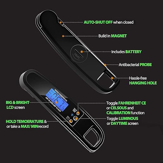 Instant Read Meat Thermometer for Kitchen Cooking, Ultra Fast Precise Waterproof Digital Food Thermometer with Backlight, Magnet and Foldable Probe for Deep Fry, Outdoor BBQ, Grill（Black）