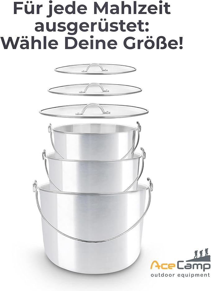 AceCamp Nested Pot Aluminum Lightweight Cooking Pot Set Outdoor Large Stock with lid and folding handle - 4L,8L,12L
