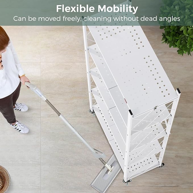 DEANIC 5-Shelf Folding Bookcase with Wheels, Rolling Bookshelf Heavy Duty Storage Shelves, Freestanding Metal Wire Shelving Unit for Living Room, Office, Kitchen, Basement, Pantry (White)