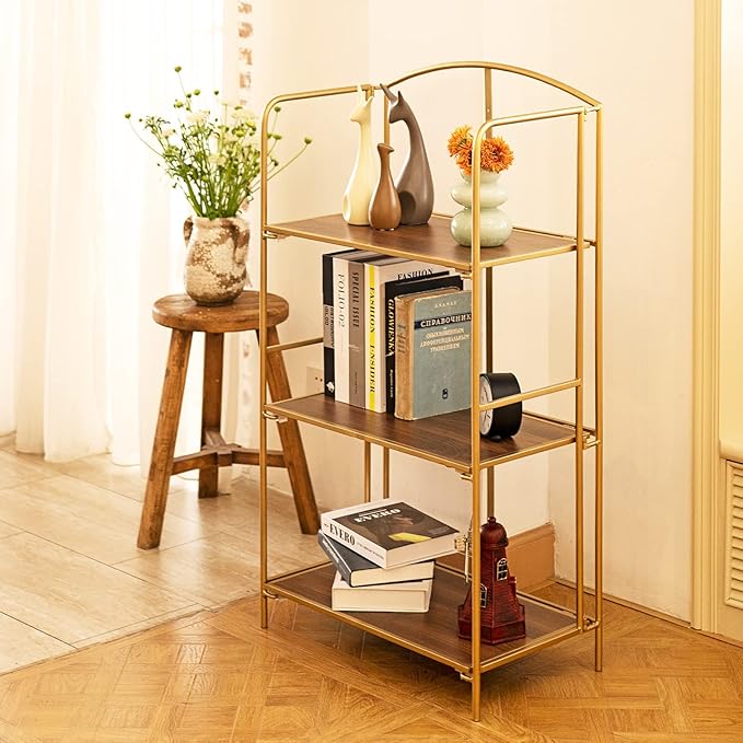 Crofy No Assembly Folding Bookshelf for Living Room, 3 Tier Gold Collapsible Book Shelf for Home Office, Portable Bookcase Storage Organizer