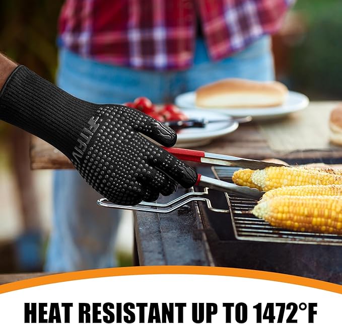 BBQ Gloves, Oven Gloves, 1472°F Extreme Heat Resistant Barbecue Gloves, Silicone Non-Slip Oven Mitts, Kitchen Gloves for Cooking, Grilling, and Baking (Black)