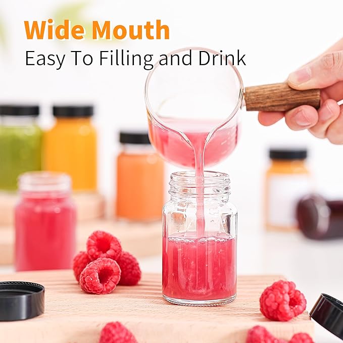 16 Pack 2 oz Glass Shot Bottles with Black Lids & Labels, Wide Mouth 60 ml Small Glass Bottles for Ginger, Leakproof Travel Mini Clear Jars for Wellness Shot, Juice - Dishwasher Safe