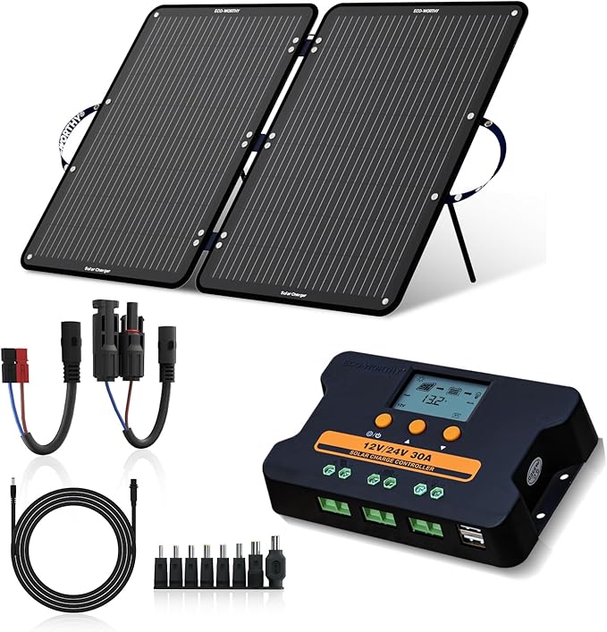 ECO-WORTHY 100W Portable Solar Panel with PWM Solar Charge Controller 30A, Foldable Solar Panel Kit Adjustable Kickstand IP65 Waterproof for Power Station Camping RV Travel Trailer
