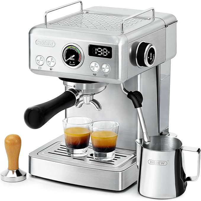 HIBREW H10A - 58mm Espresso Machine, Stainless Steel Body with Milk Frother, Customizable Settings, Smart Display + 20 Bar Pressure Gauge.