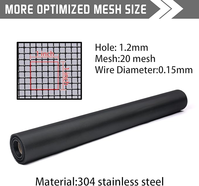 304 Black Stainless Steel Robust & Shielding Window Screen Replacement Mesh Screen, 39IN x 100FT, Perfect for Windows, Doors, Patios & Pets, Mosquito-Proof,Sturdy Screen Mesh Roll (20 Mesh)