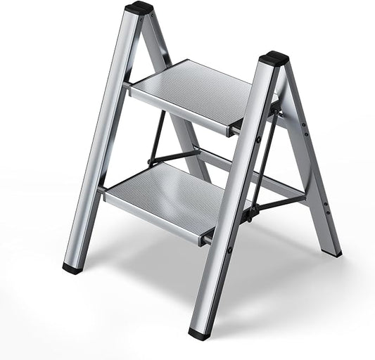 HillhutApex 2 Step Stool, Aluminum Foldable Step Ladder, Lightweight Stable Stool with Wide Non-Slip Pedals, 330lbs Bearing Capacity Ladder for Office,Home,Kitchen - Silver