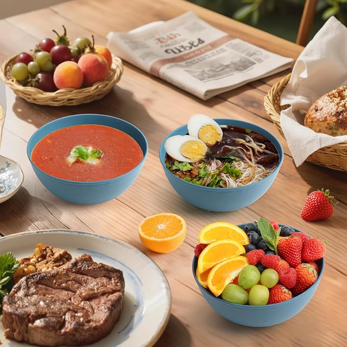 Homienly Bowls for Kitchen, Premium Wheat Straw Bowl 6 PCS, Unbreakable LIghtweight Salad Bowl with Texture, Alternative to Plastic Bowls Reusable, Microwave and Dishwasher Safe, Freezer Safe- Blue