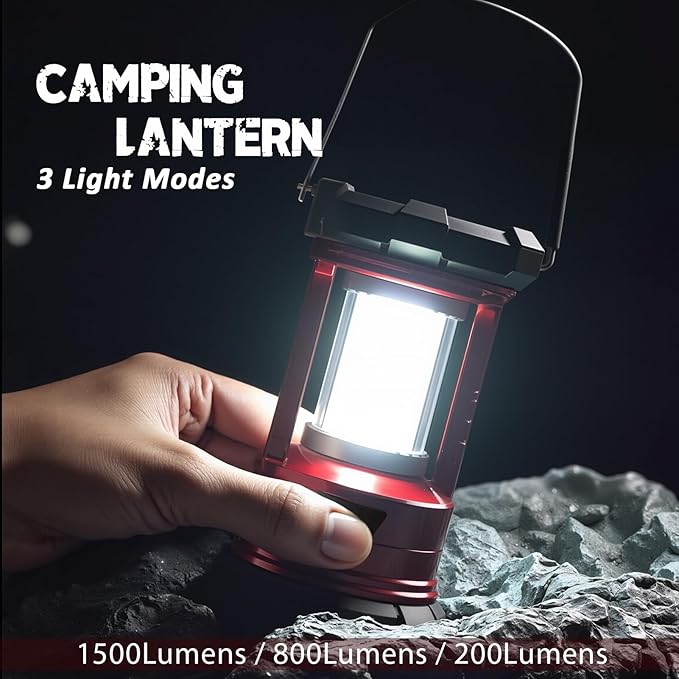 Rechargeable Camping Lanterns, 1500LM Camping Light with Phone Charger Compact Flashlights Torch, Portable Waterproof Hurricane Lanterns for Emergency, Outdoor, Power Outage
