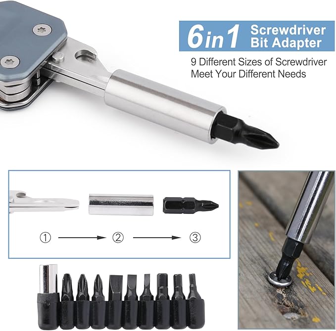 NexTool EDC Multi Tool, 6 in 1 Wrench Multitool with Knife, Flat/Phillips Screwdriver and Bottle Opener, Bike Multitool with 9 in 1 Bits Set and Nylon Pouch for Cycling Maintenancen, Household Repairs