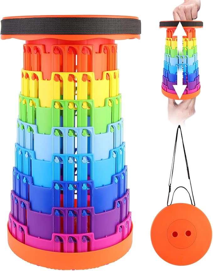 Collapsible Stool with Large Load Capacity,Portable Lightweight Folding Stool for Adults,Collapsible Chair Telescoping Design for Outdoor Fishing,Hiking,Travel,BBQ(Orange-Rainbow)